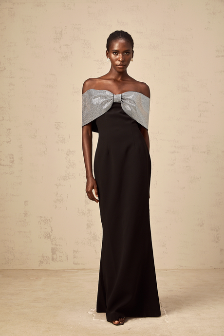 Aurohaya Chloé black rhinestone-bow off-shoulder maxi dress
