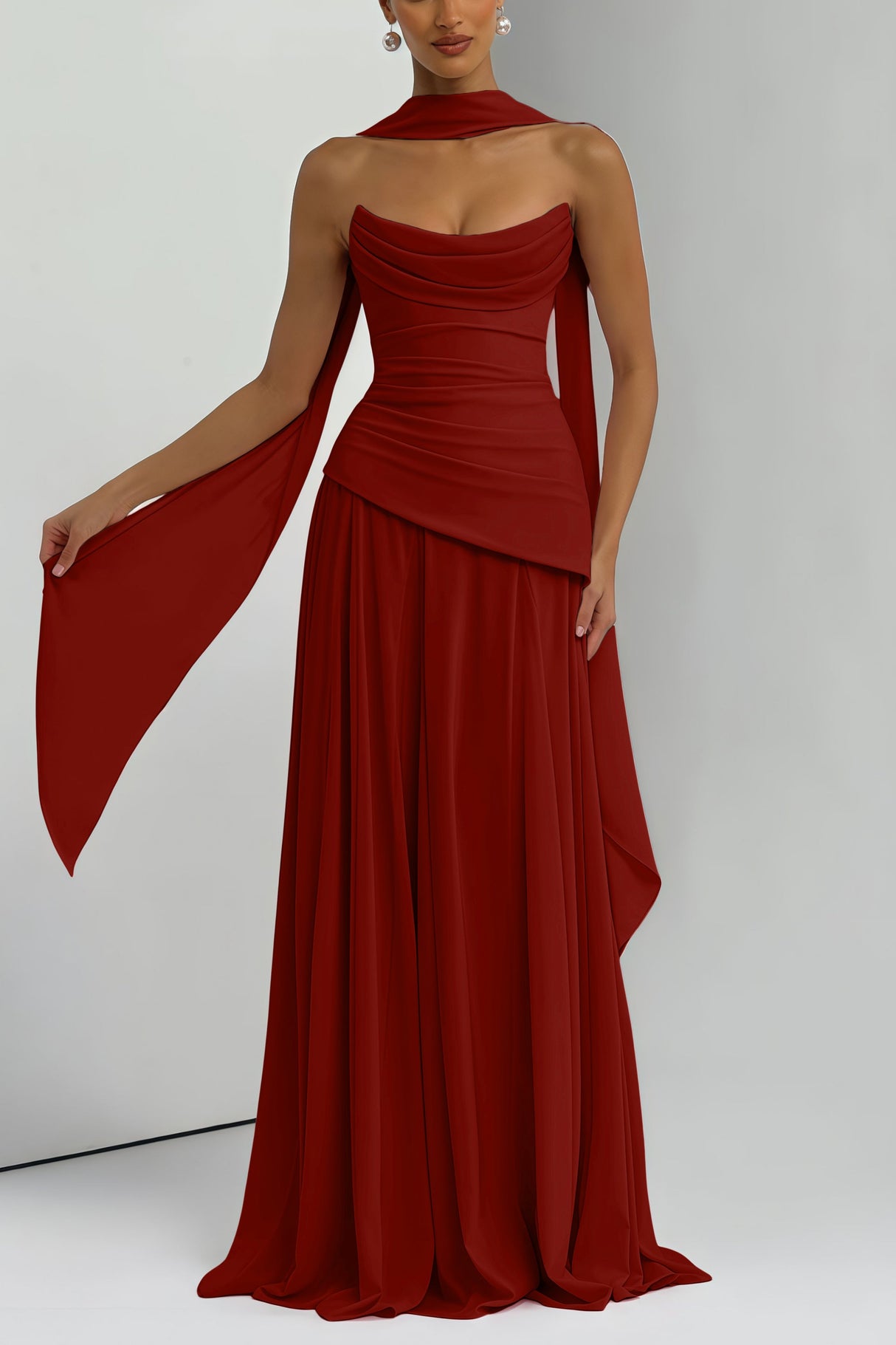 Aurohaya Romane Burgundy Strapless Corset Chiffon Maxi Dress