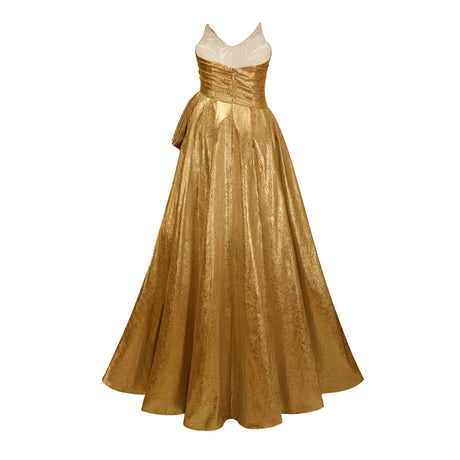 Aurohaya Adina Gold Glossy Asymmetrical Ruched Gown