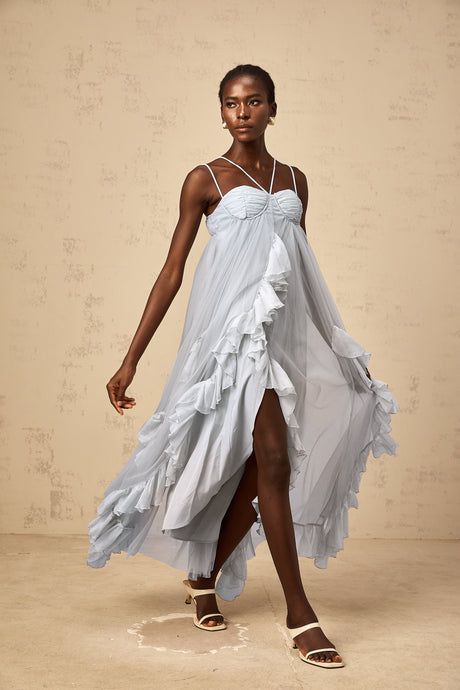 Aurohaya Colette layered ruffled tulle maxi dress in Blue