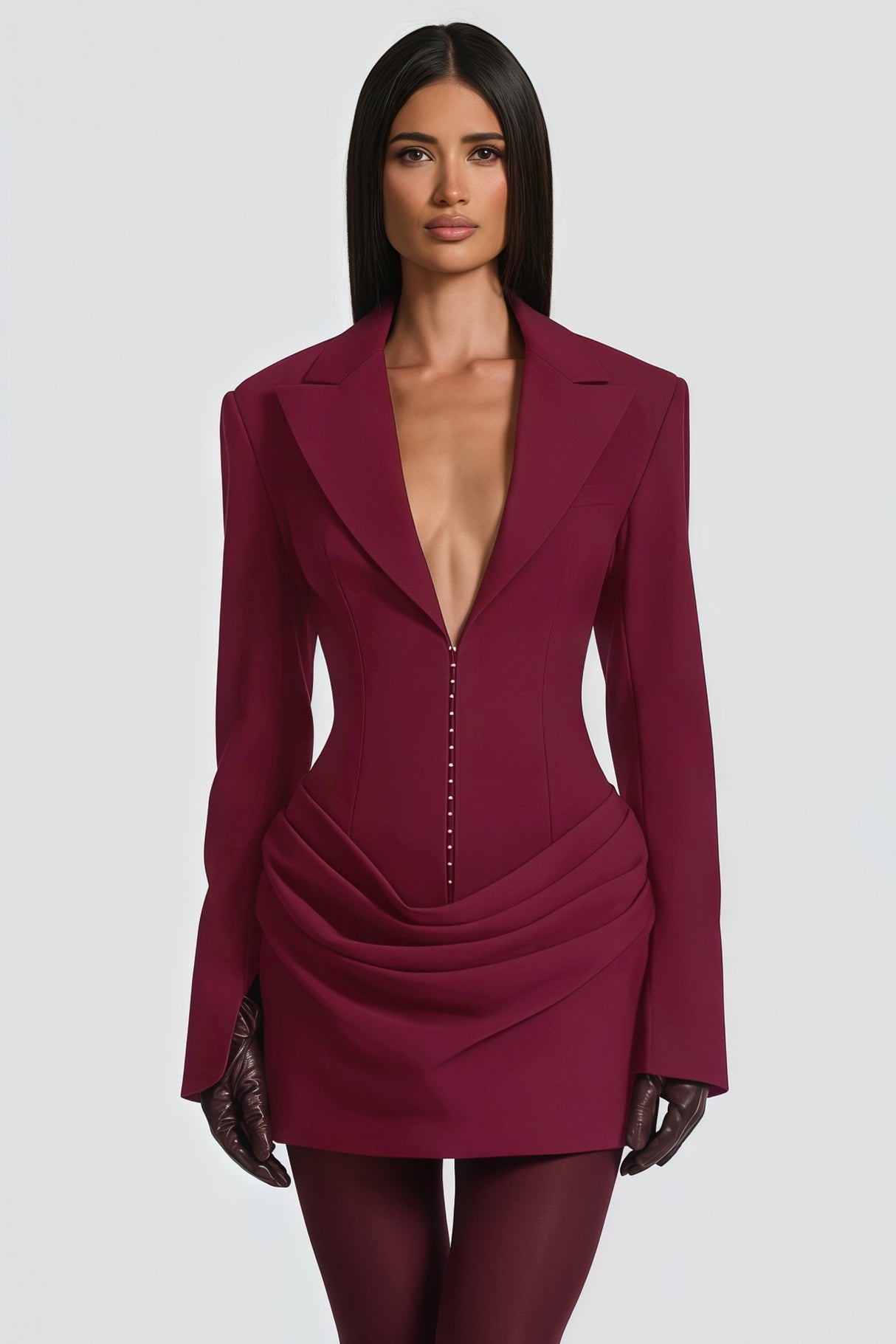 Aurohaya Rosette Burgundy Ruched Blazer Mini Dress