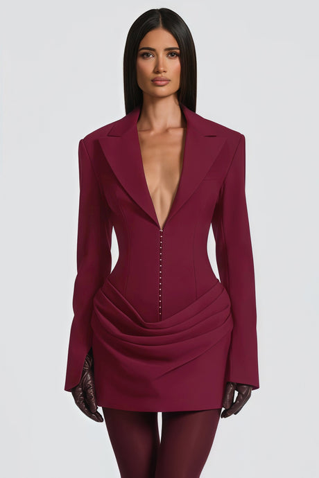 Aurohaya Rosette Burgundy Ruched Blazer Mini Dress