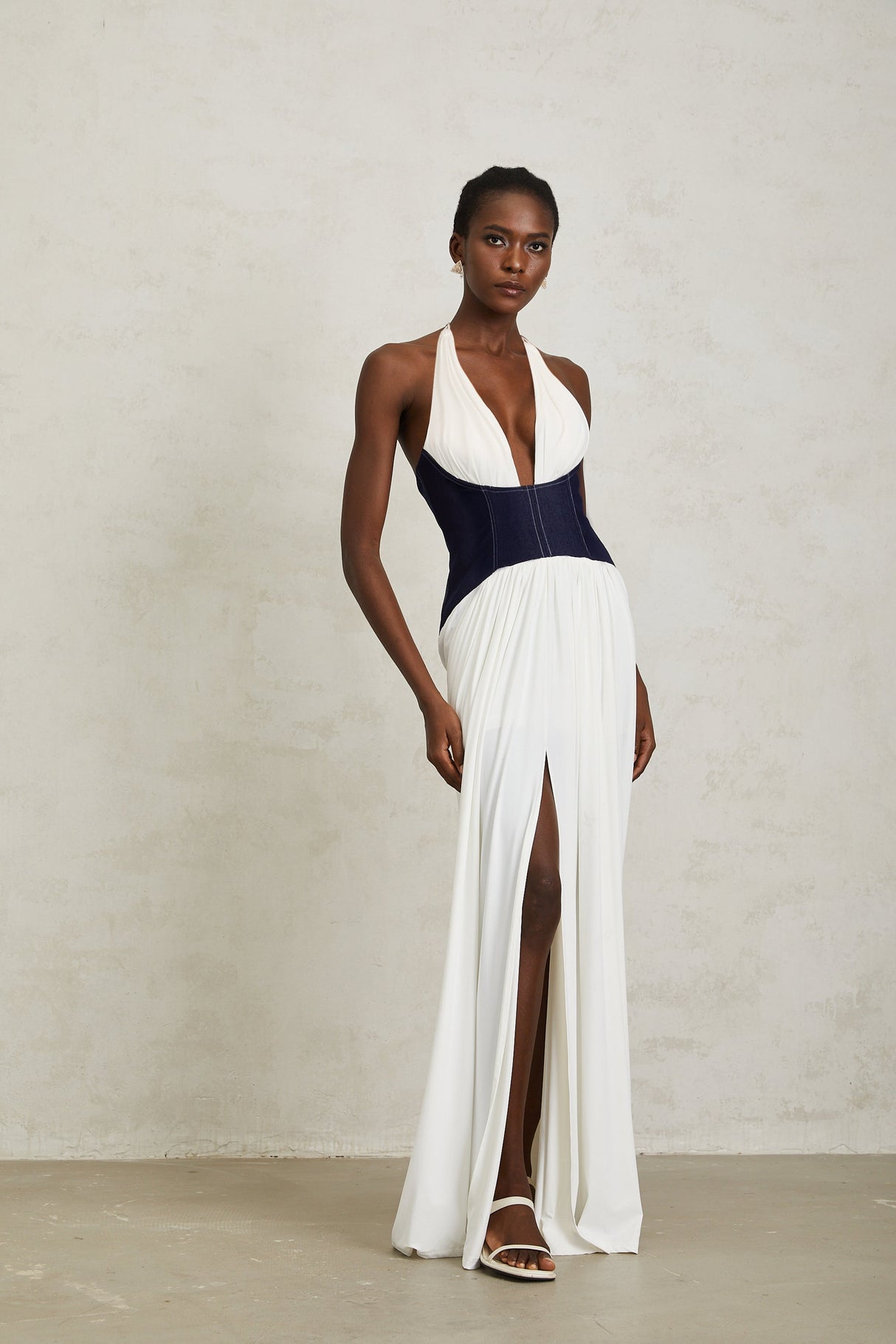 Aurohaya Airi White Halterneck Denim Panel Maxi Dress