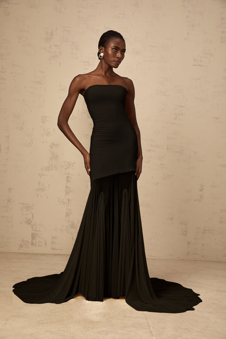Aurohaya Josiane Black Off-shoulder Sheer Tulle Maxi Dress