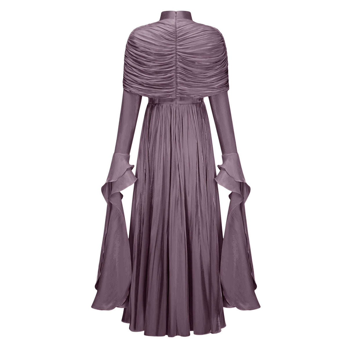Aurohaya Gustave Purple Ruched Cape Ruffled Maxi Dress