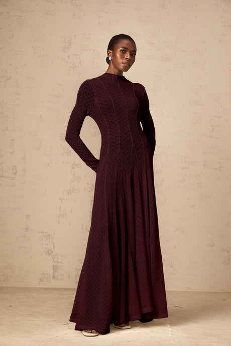 Aurohaya Athena wavy-pattern lace maxi dress in Red