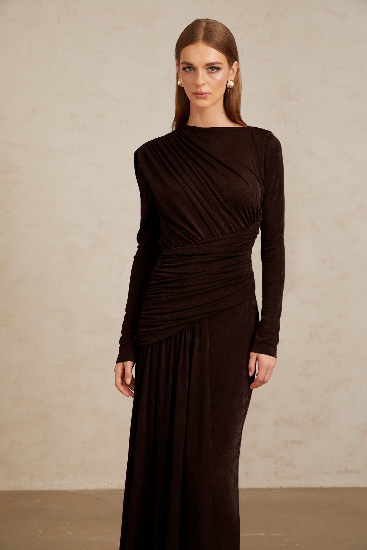 Aurohaya Charme Brown Ruched Maxi Dress