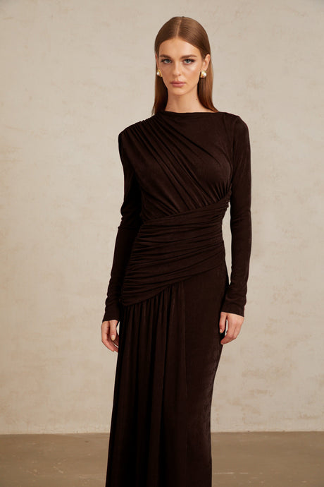 Aurohaya Charme Brown Ruched Maxi Dress