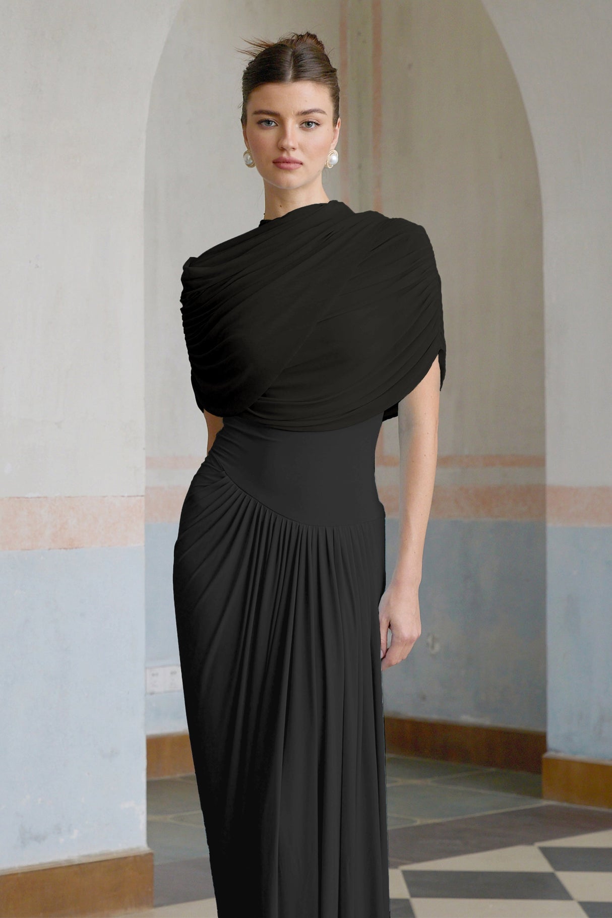 Aurohaya Catherine Black Asymmetrical Pleated Maxi Dress