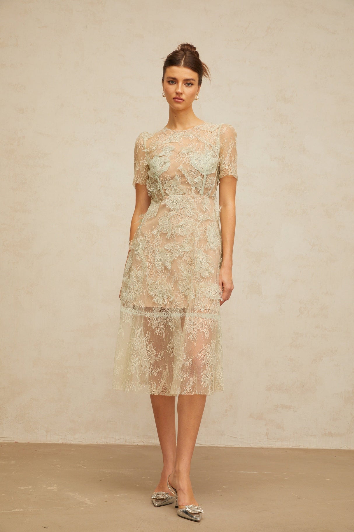 Aurohaya Xaviera mint-green floral-lace midi dress