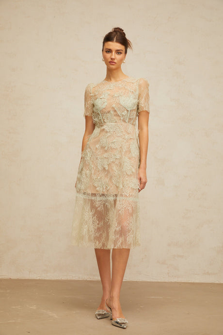 Aurohaya Xaviera mint-green floral-lace midi dress