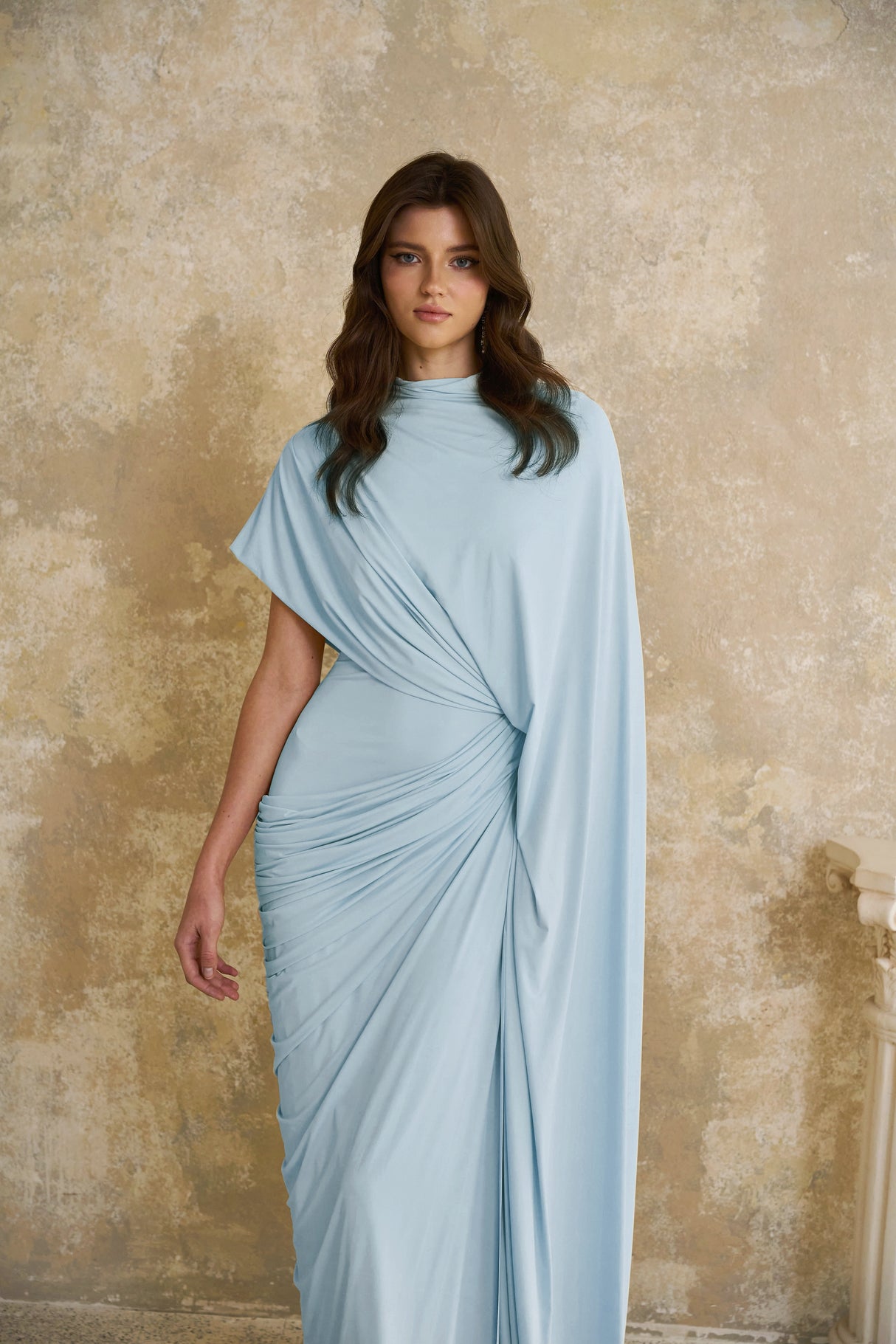 Aurohaya Fenella Blue Asymmetrical Draped Cape & Dress Matching Set