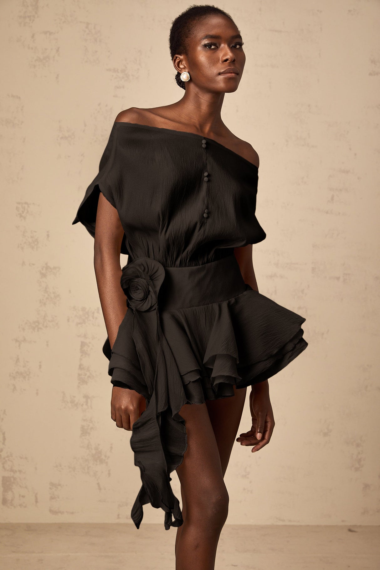 Aurohaya Amélie Black Floral Appliqué Flounced Mini Dress