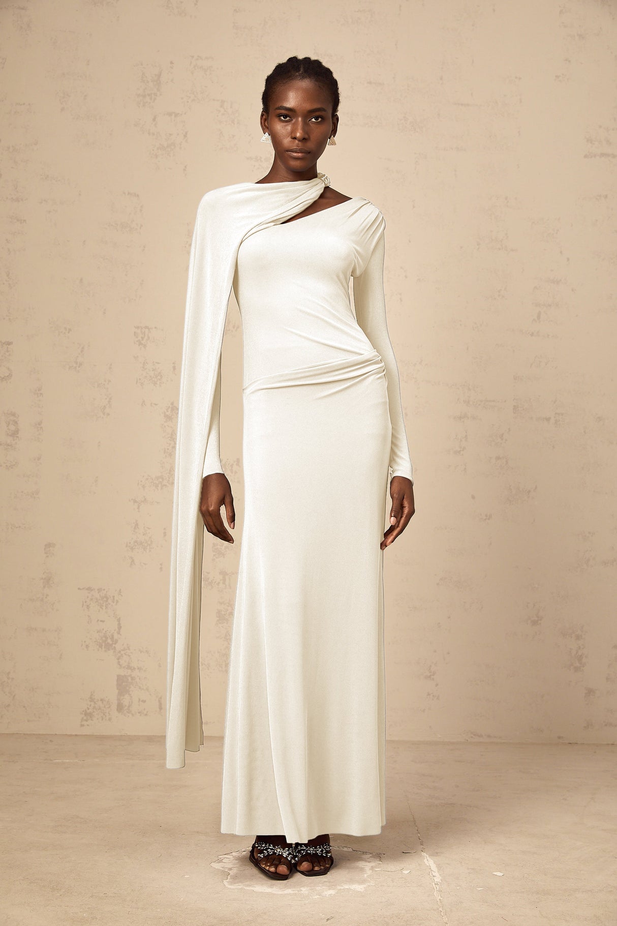 Aurohaya Josette White Diagonal Shawl Fitted Maxi Dress