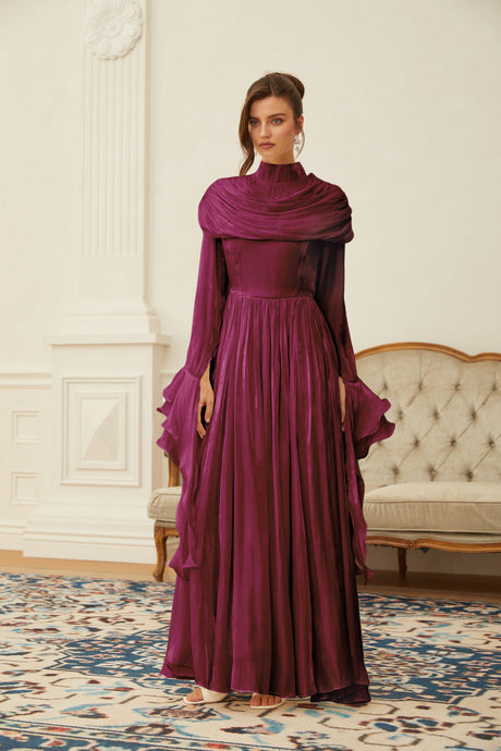 Aurohaya Danuta Burgundy Ruched Pleated Maxi Dress