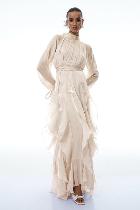 Aurohaya Zélie Neutral Glossy Pleated Ruffled Maxi dress