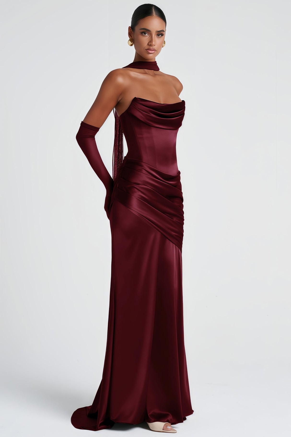 Aurohaya Marilou Burgundy Ruched Satin Maxi Dress