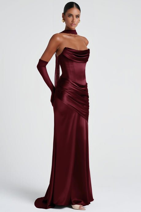 Aurohaya Marilou Burgundy Ruched Satin Maxi Dress