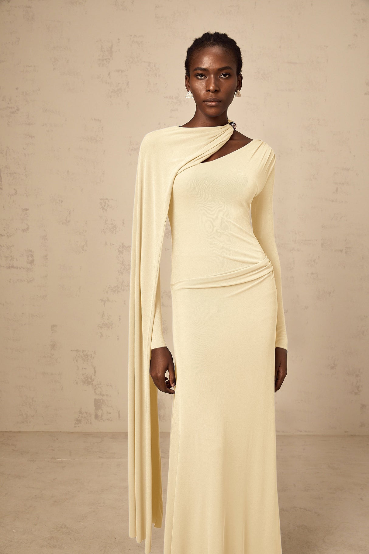 Aurohaya Josette Yellow Diagonal Shawl Fitted Maxi Dress