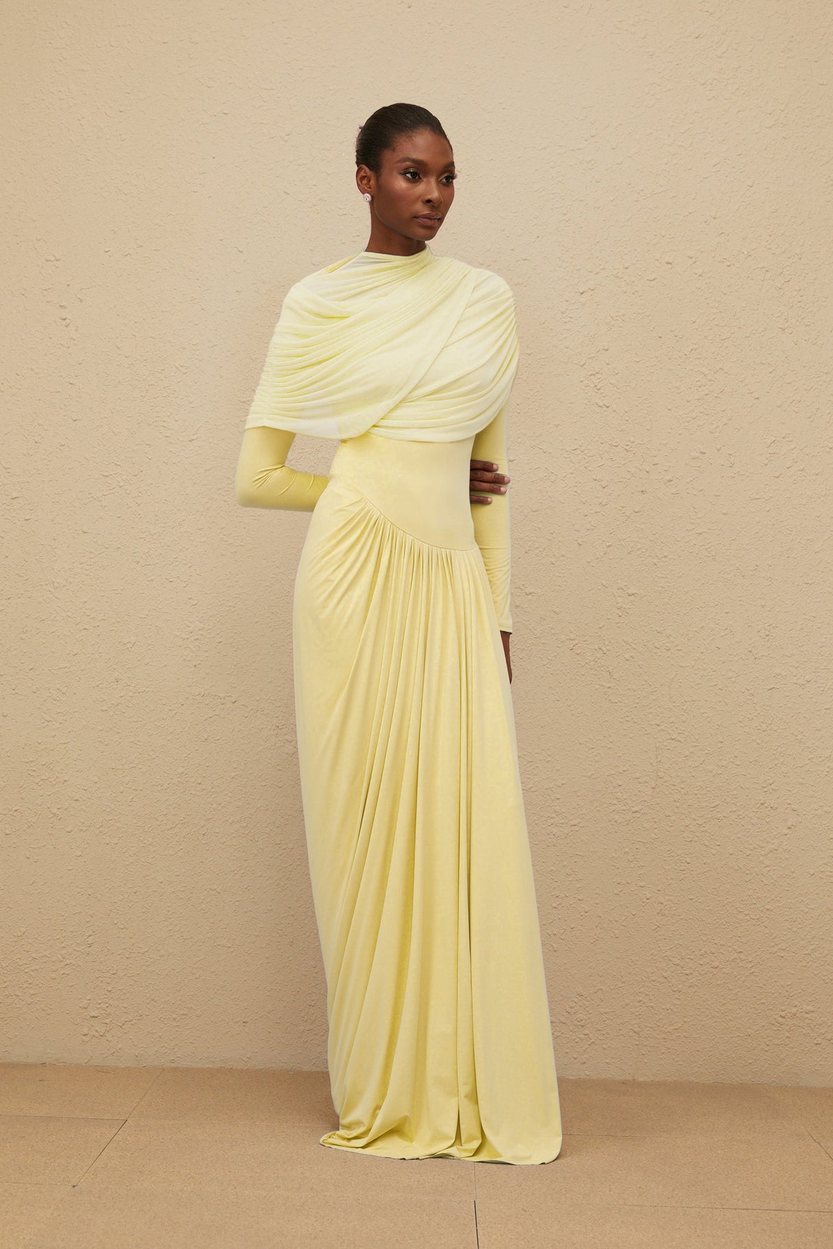 Aurohaya Catherine Yellow Asymmetrical Pleated Long-Sleeve Maxi Dress