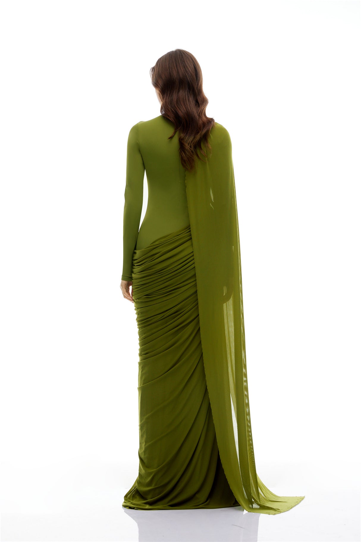 Aurohaya Emilia Green Asymmetrical Ribbon Draped Maxi Dress