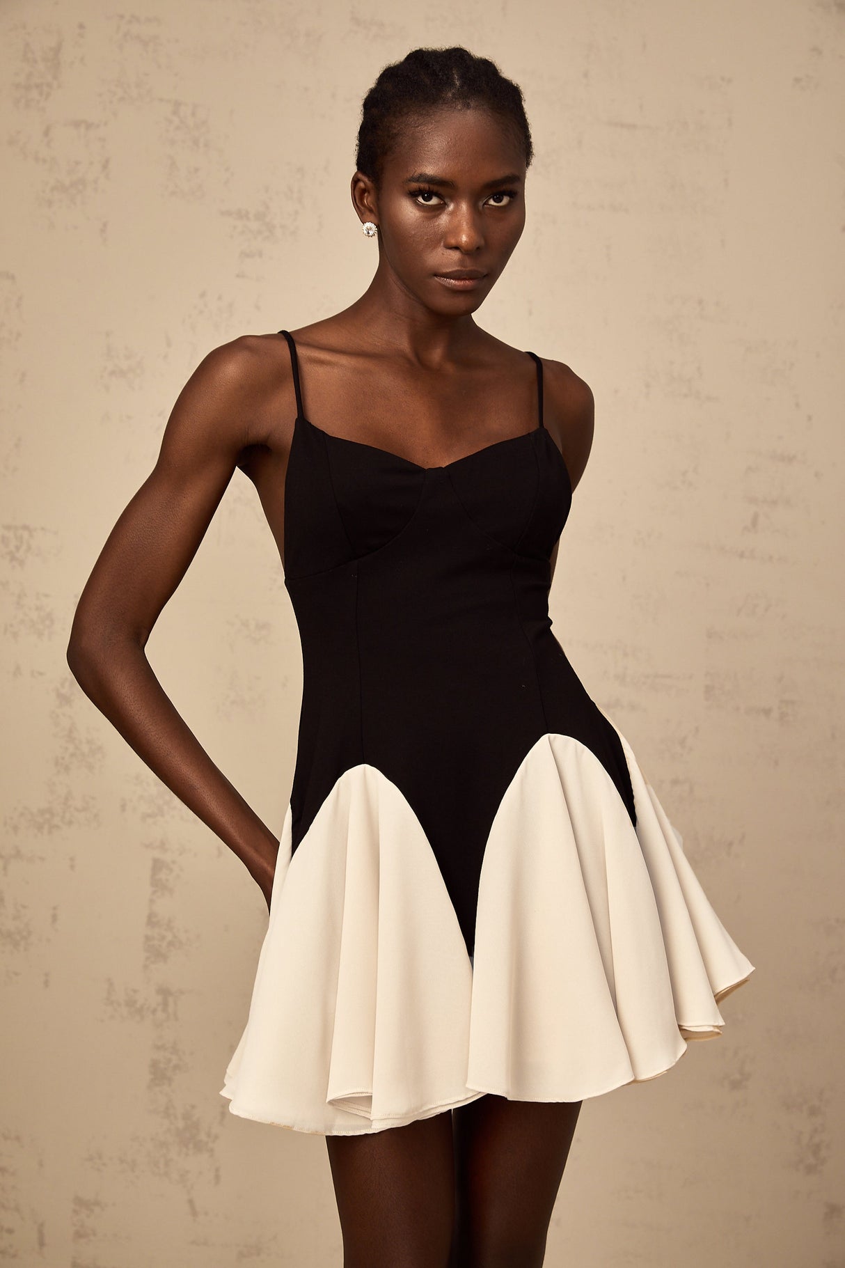 Aurohaya Justine color-blocked godet pleated mini dress