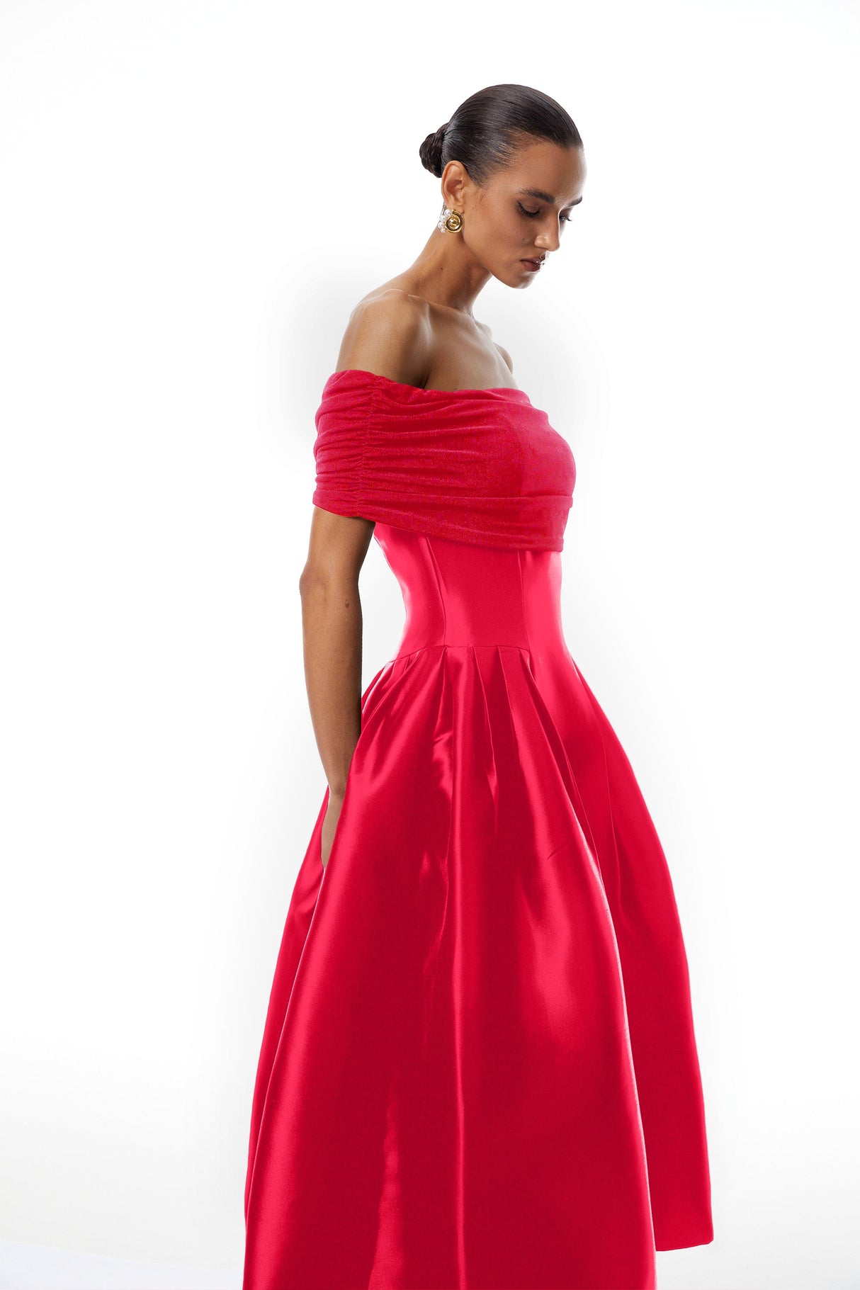 Aurohaya Ainara Red Off Shoulder Polished Midi Dress