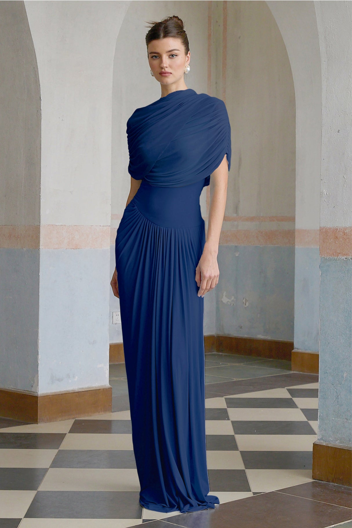 Aurohaya Catherine asymmetrical pleated maxi dress in Navy-blue