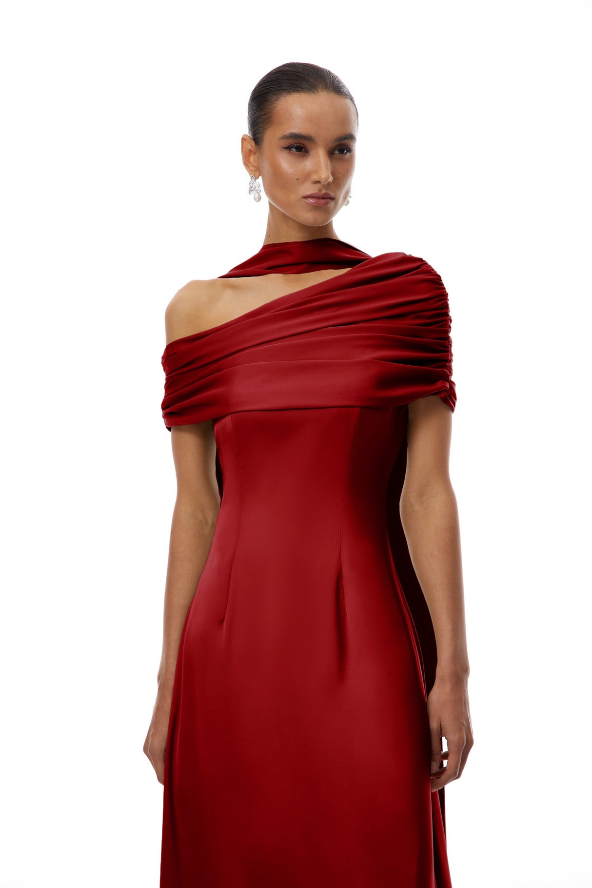 Aurohaya Benedetta Red One Shoulder Satin Maxi Dress
