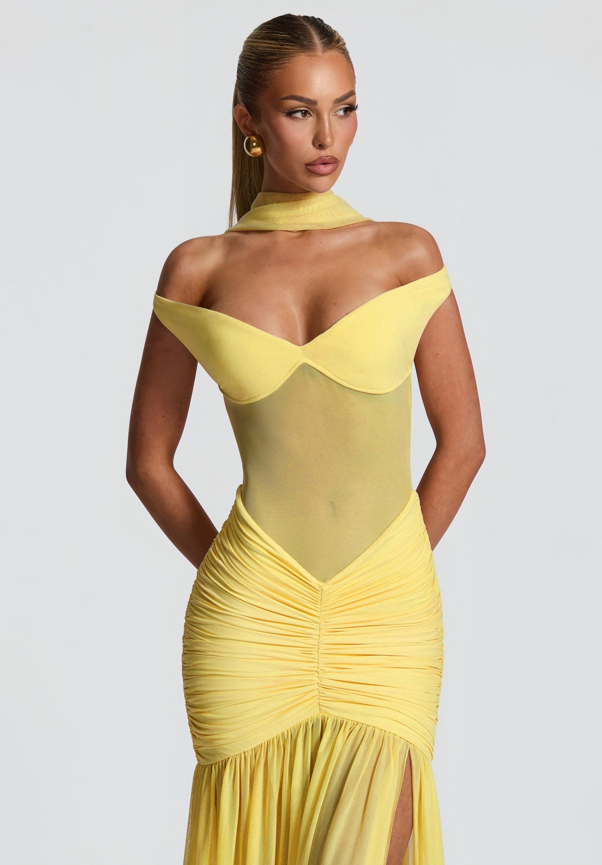 Aurohaya Geneviève Yellow Off Shoulder Ruched Maxi Dress