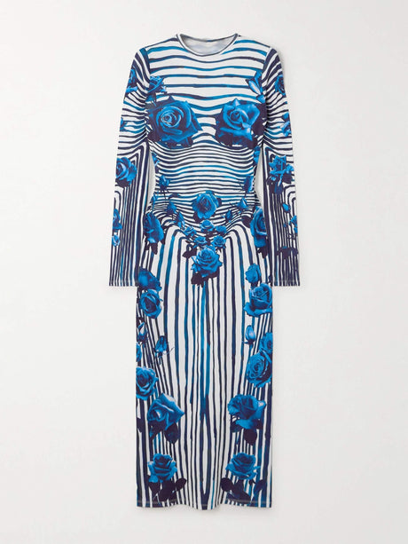 Aurohaya Vintage Unique Rose Stripe Print Midi Dress