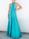 Aurohaya Summer Temperament Satin Halter Swing Gown Dresses Blue