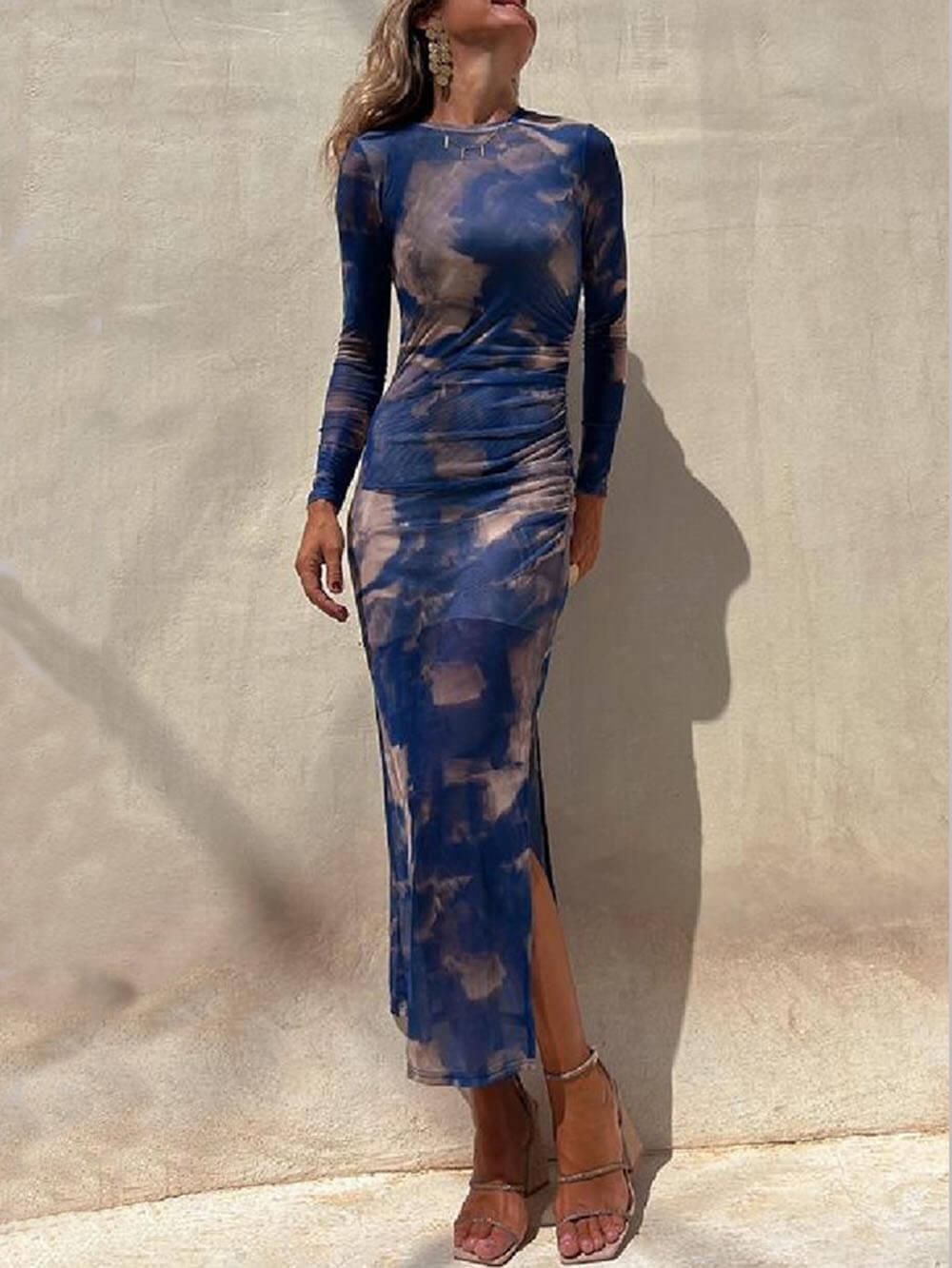 Aurohaya Charm Lady Mesh Overlay Tie Dye Print Long Sleeve Ruched Stretch Midi Dress Blue