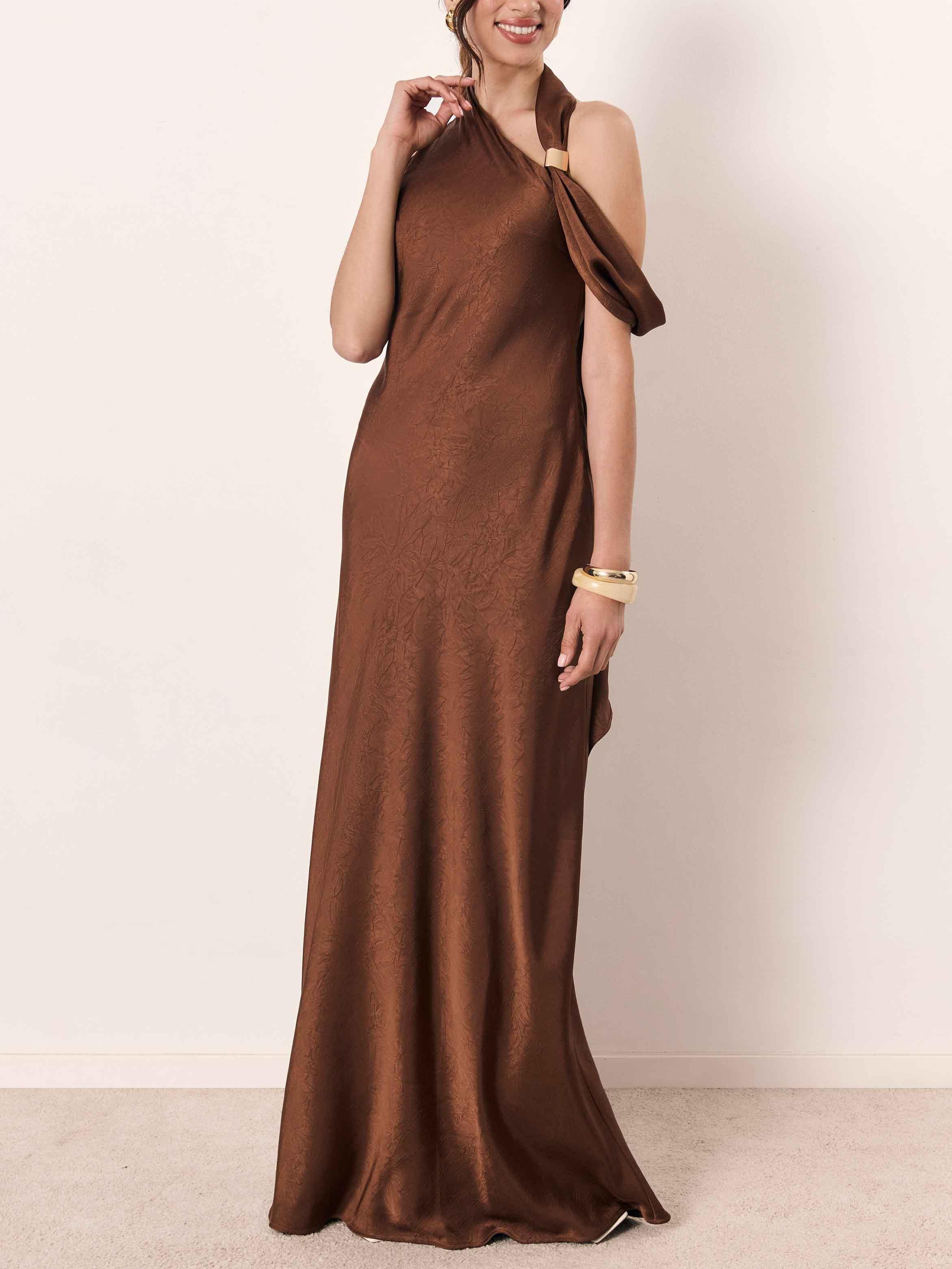 Aurohaya Elegant Bronze One-Shoulder Satin Maxi Dress