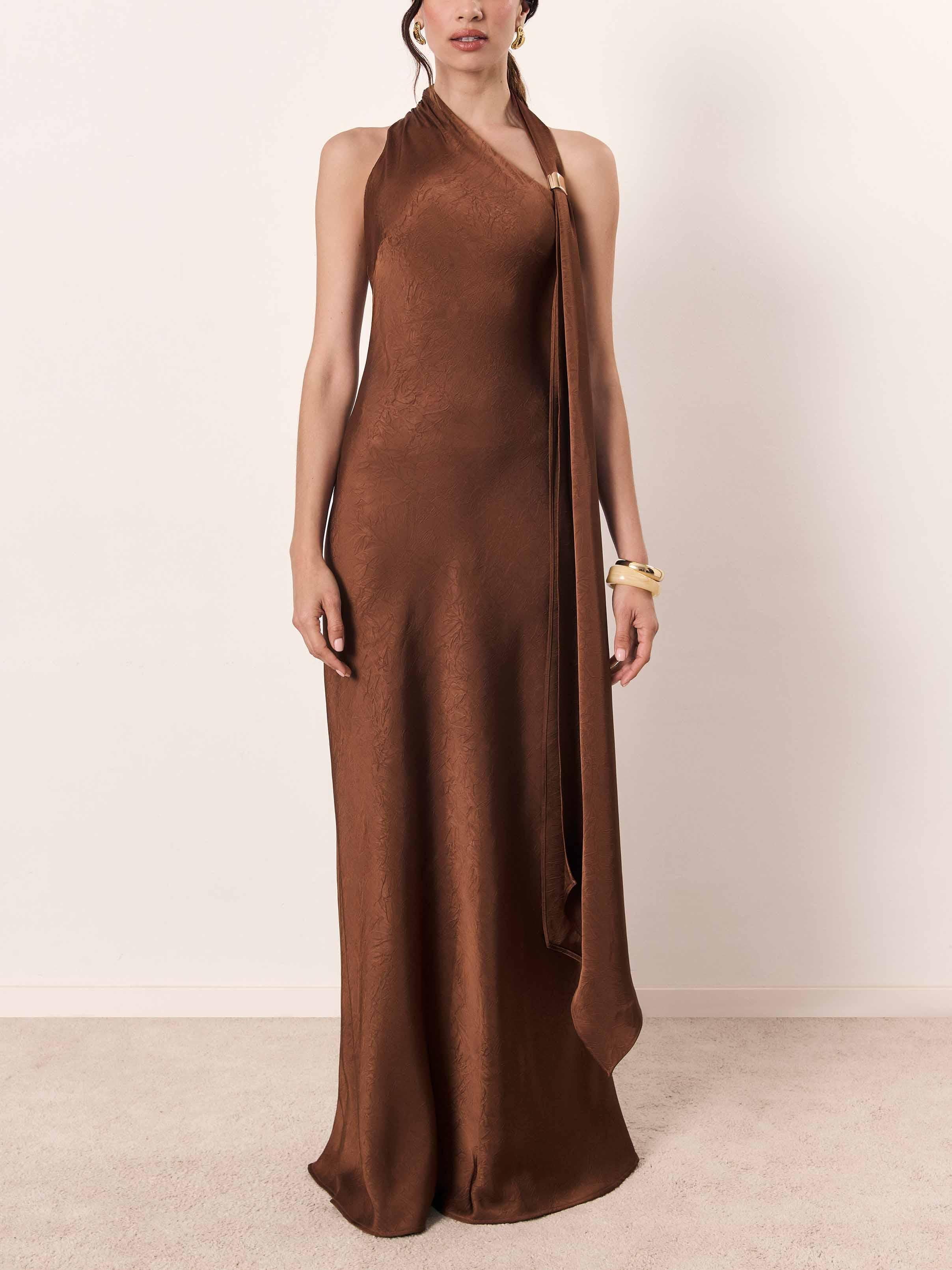 Aurohaya Elegant Bronze One-Shoulder Satin Maxi Dress Brown