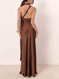 Aurohaya Elegant Bronze One-Shoulder Satin Maxi Dress