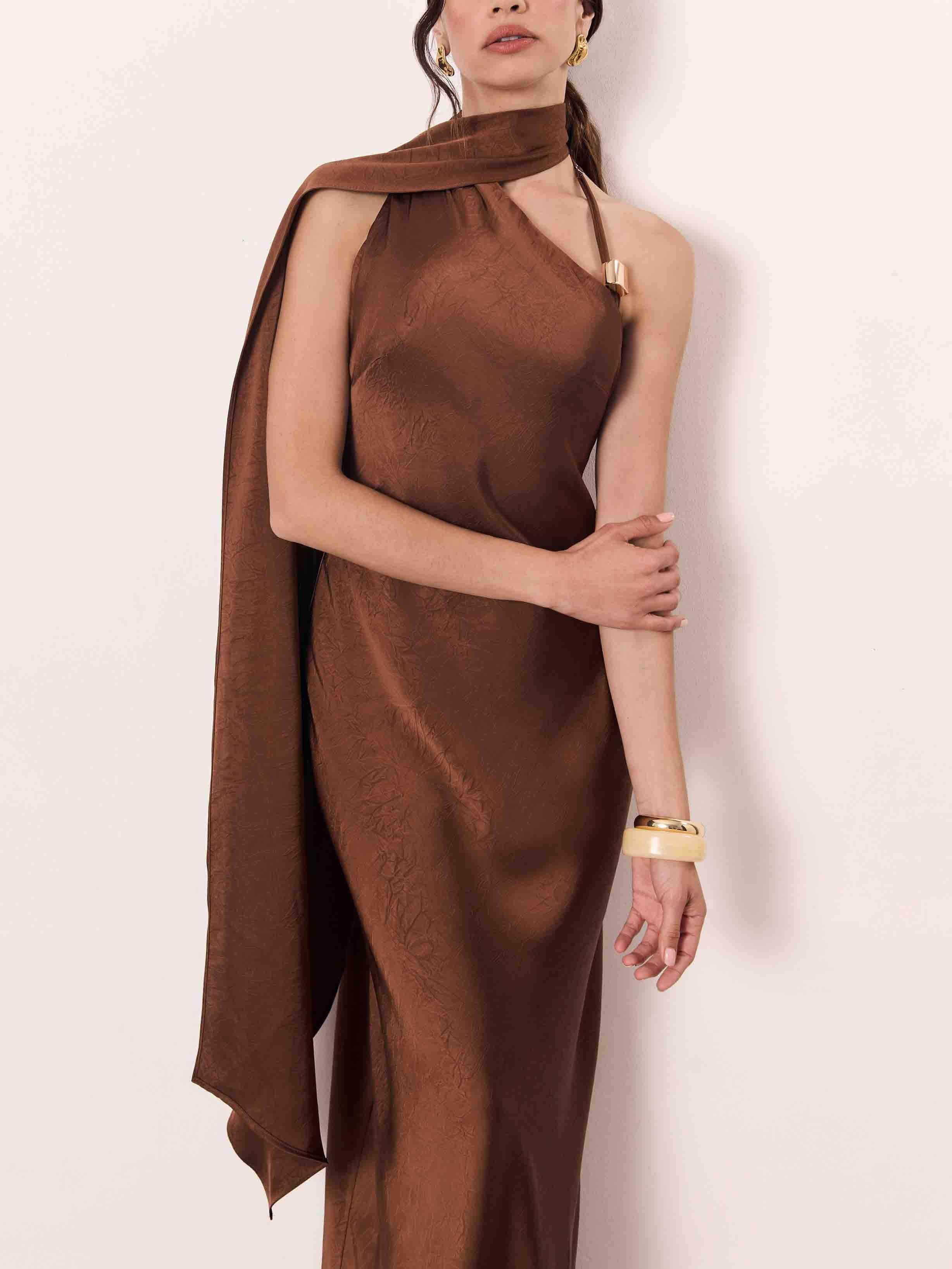 Aurohaya Elegant Bronze One-Shoulder Satin Maxi Dress