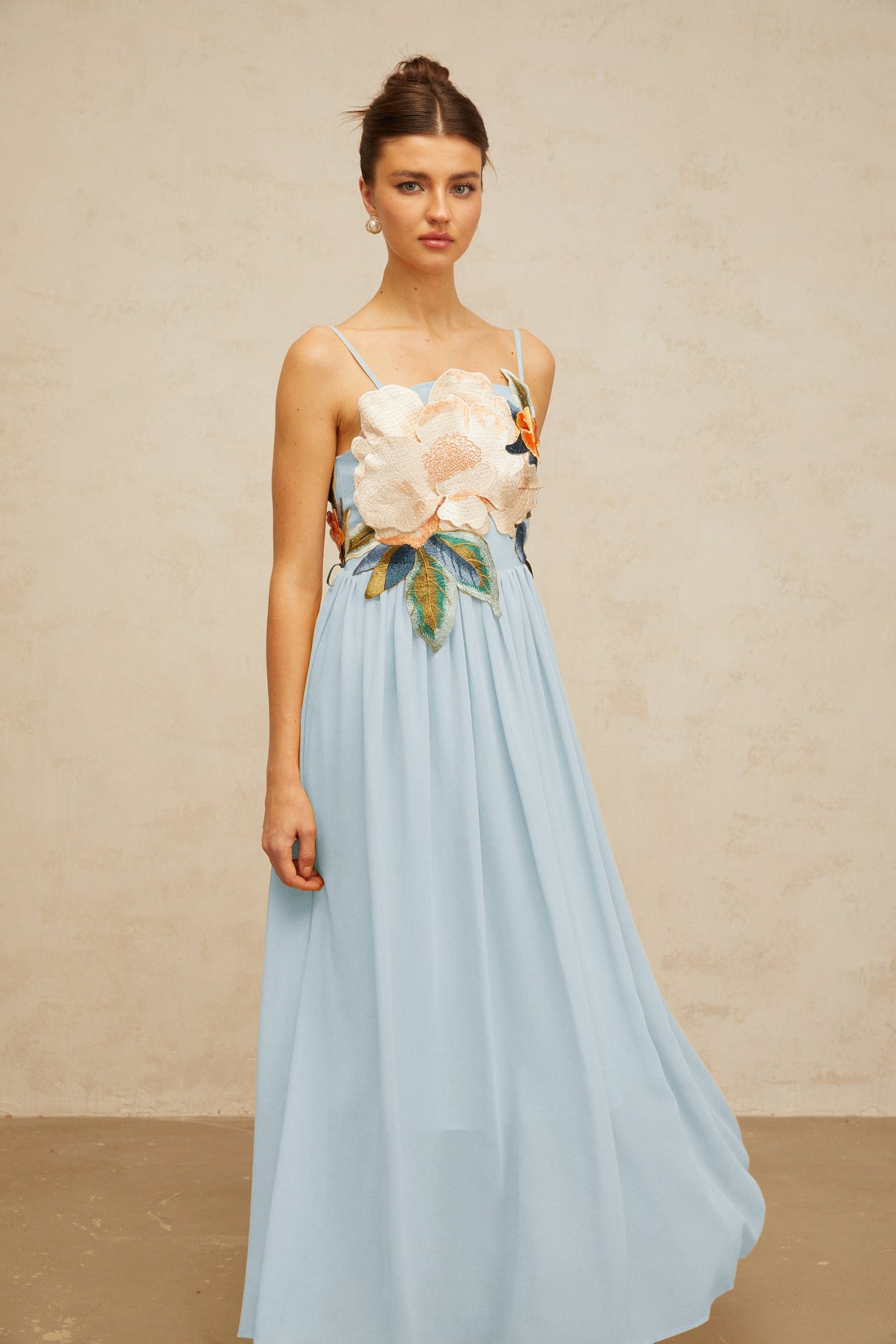 Aurohaya Josette floral-embroidered shirred maxi dress in Blue