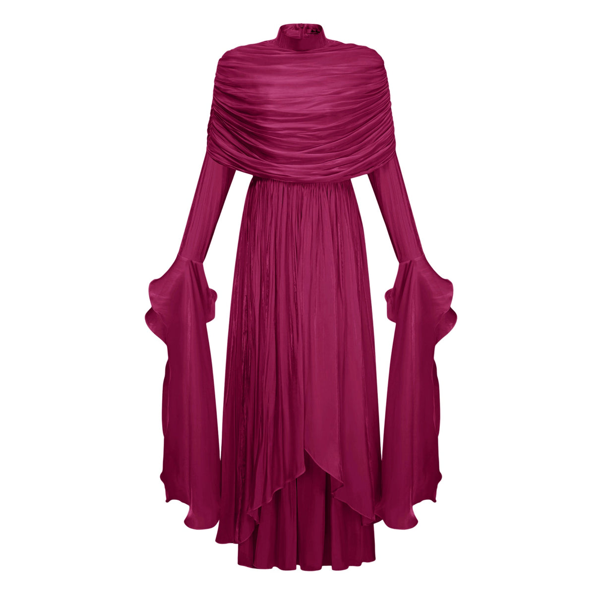 Aurohaya Gustave Burgundy Ruched Cape Ruffled Maxi Dress