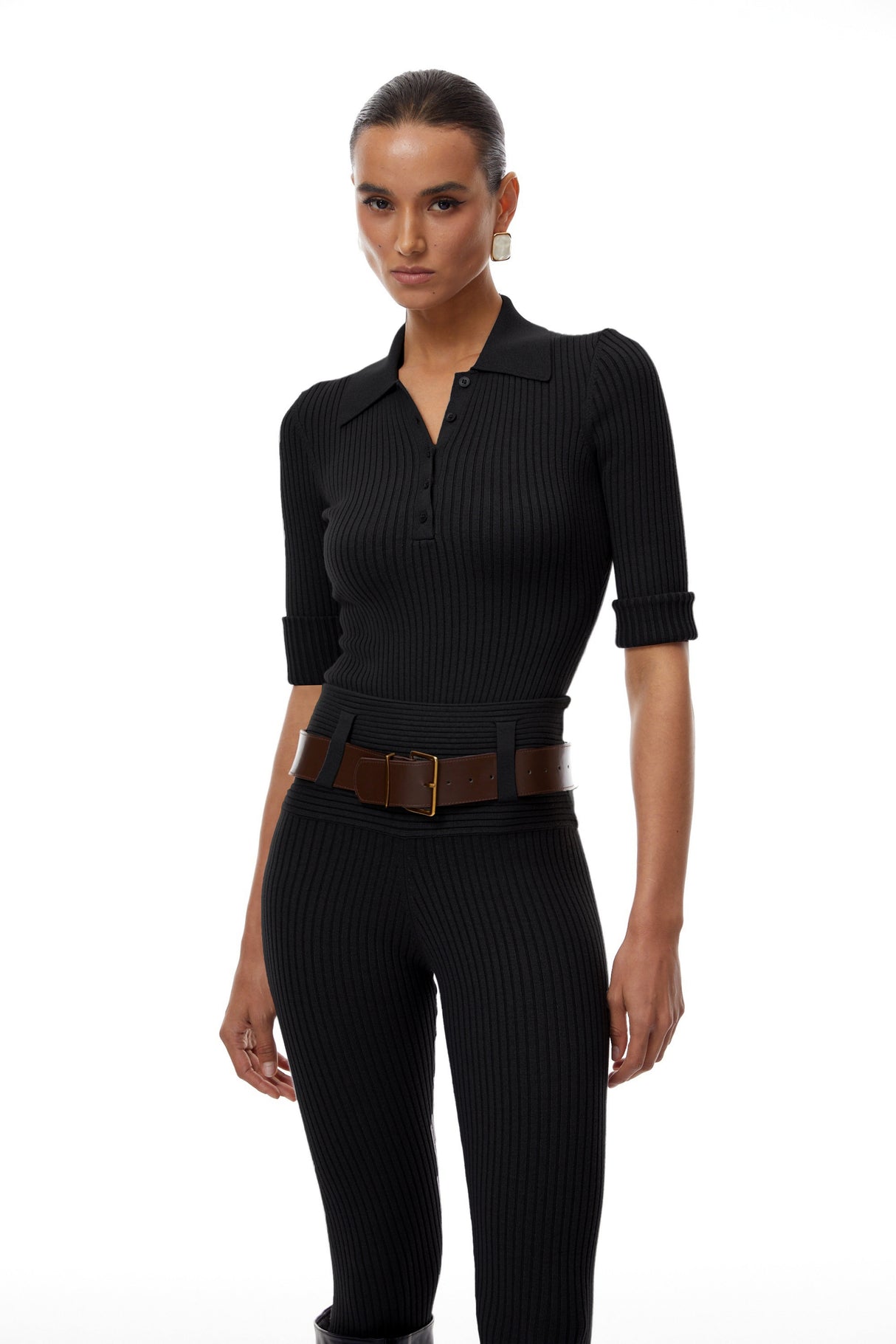 Aurohaya Claire Black Ribbed Knit Bodysuit & Trousers Set
