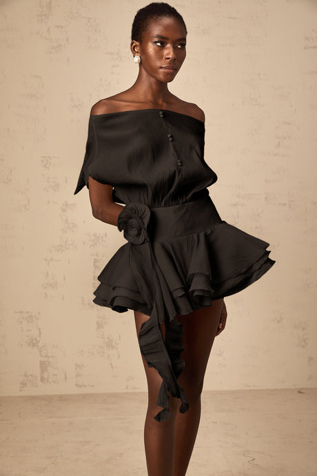 Aurohaya Amélie Black Floral Appliqué Flounced Mini Dress