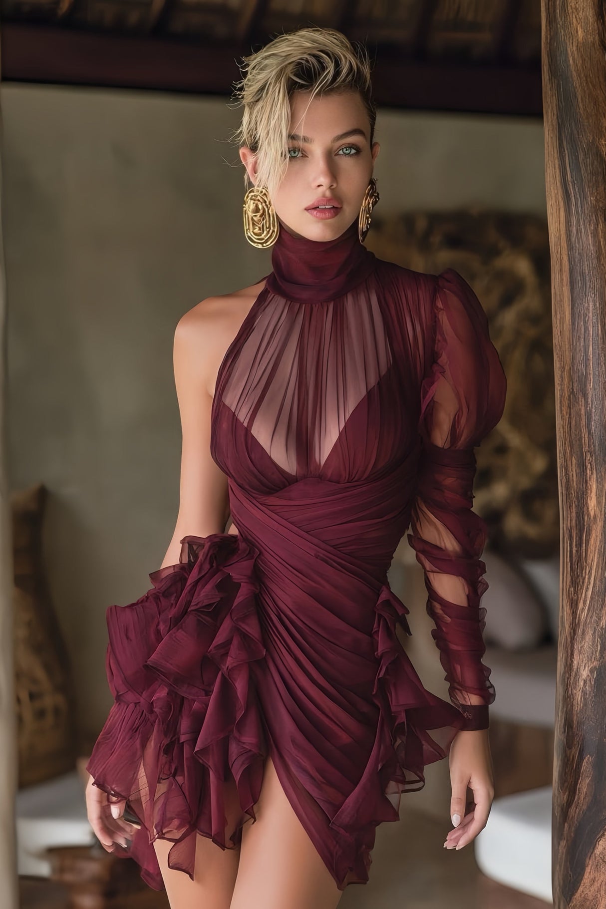 Aurohaya Éléna Burgundy Asymmetrical Ruffled Tulle Mini Dress