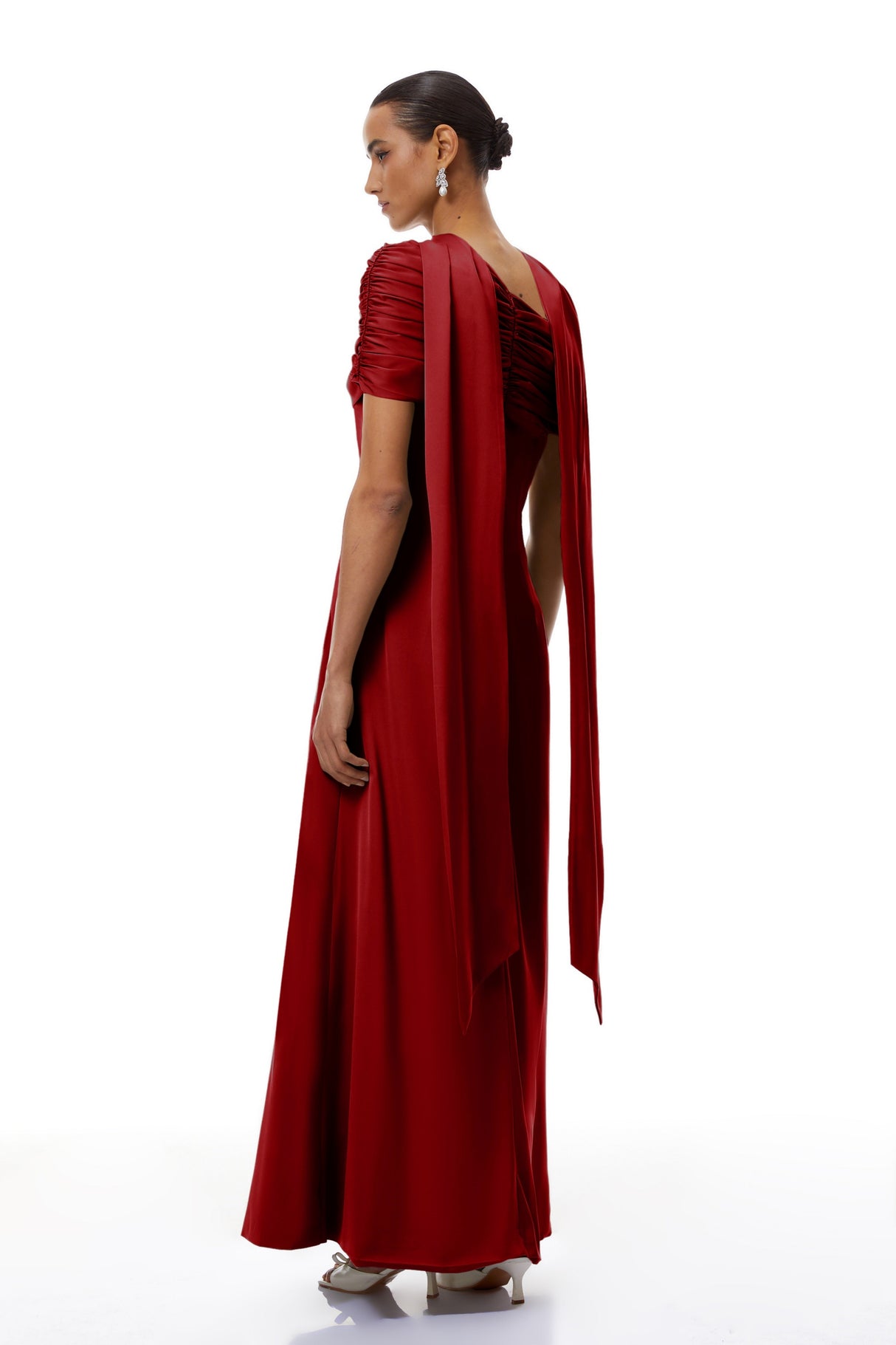 Aurohaya Benedetta Red One Shoulder Satin Maxi Dress