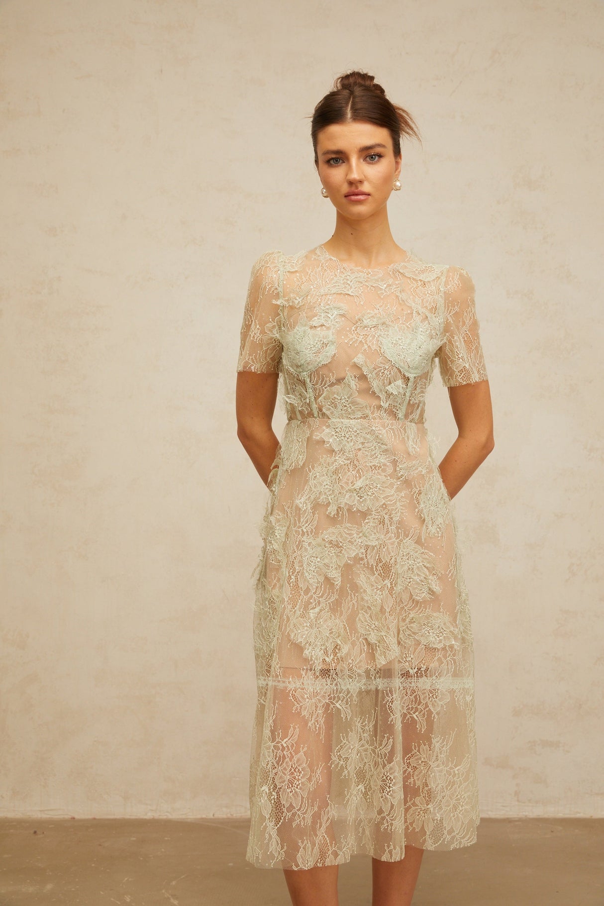 Aurohaya Xaviera mint-green floral-lace midi dress