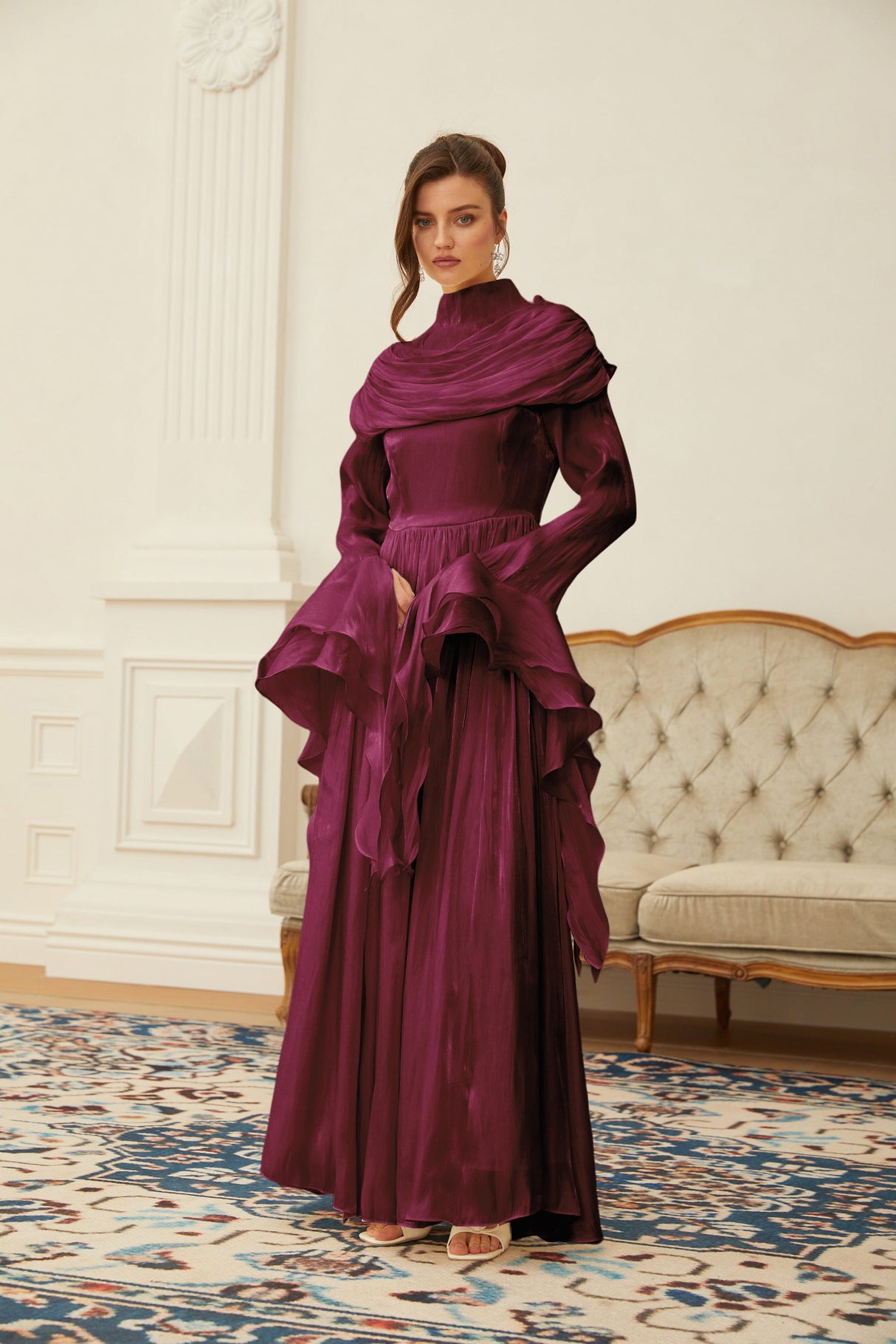 Aurohaya Danuta Burgundy Ruched Pleated Maxi Dress