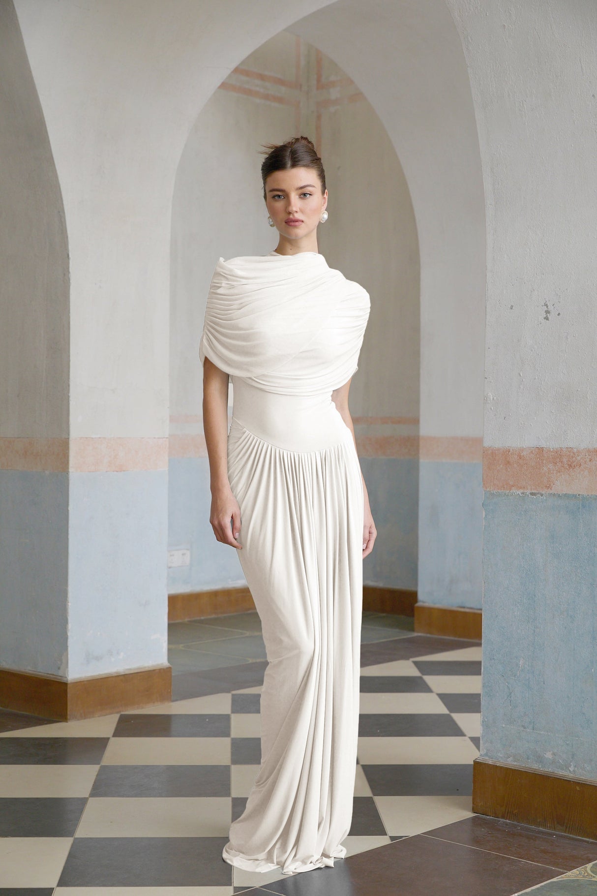 Aurohaya Catherine White Asymmetrical Pleated Maxi Dress