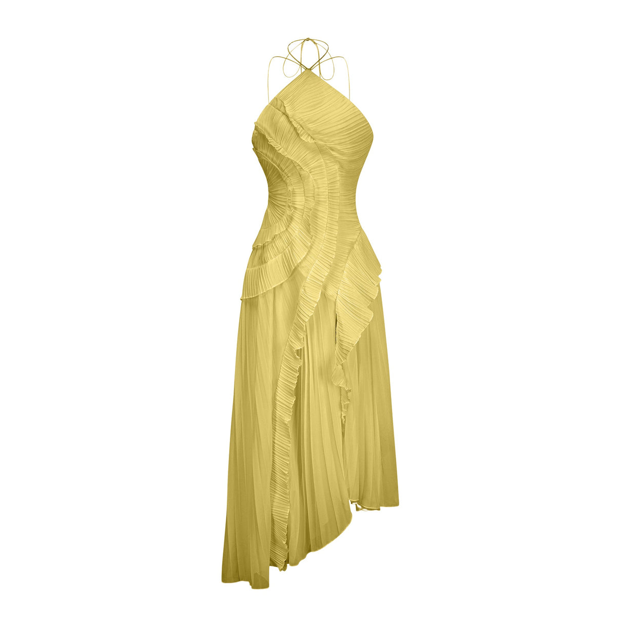 Aurohaya Doux Yellow Ruffled Trim Pleated Midi Dress