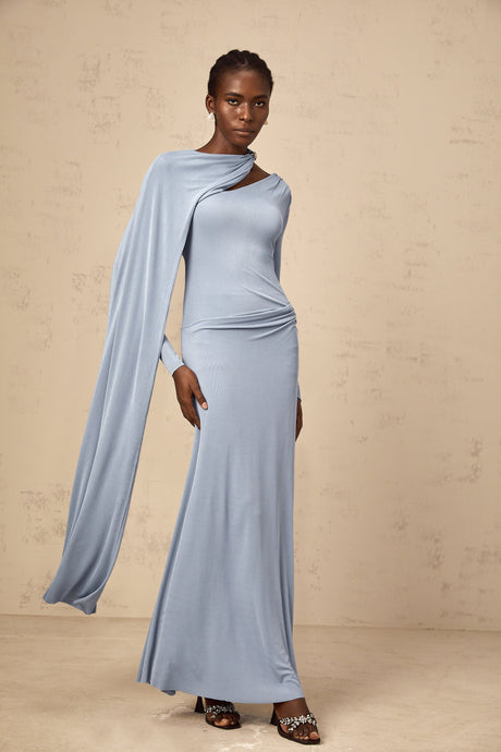 Aurohaya Josette Blue Diagonal Shawl Fitted Maxi Dress