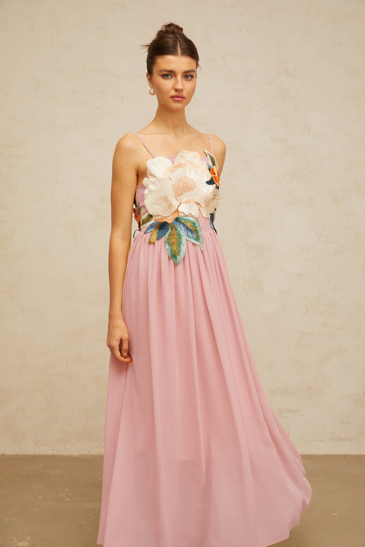 Aurohaya Josette floral-embroidered shirred maxi dress in Pink