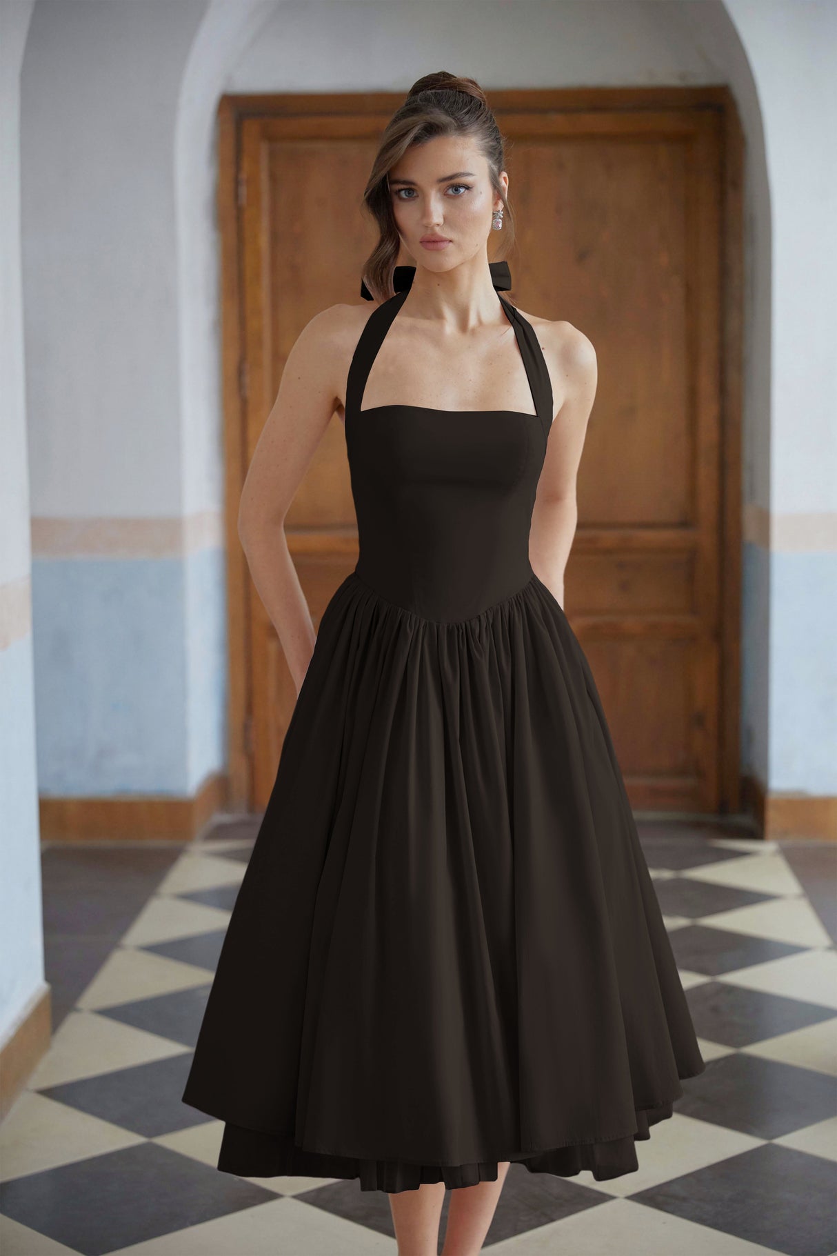 Aurohaya Eponine Black Layered Flared Hem Midi Dress